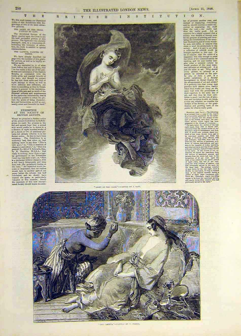 Old Antique Print 1848 British Institute Sant Light-Cross Captive Fisher 19th