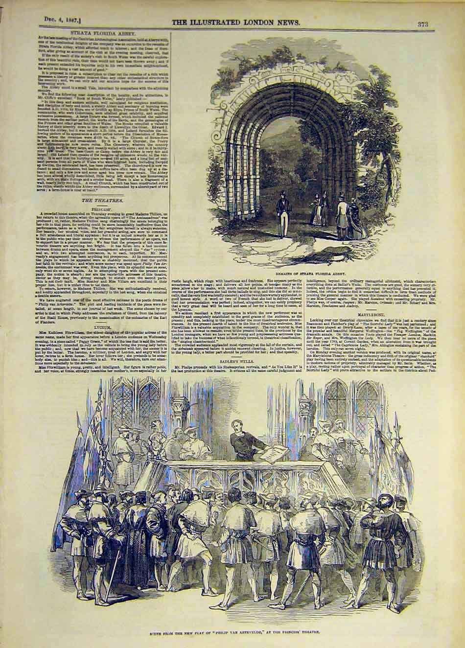 Old Antique Print 1847 Strata Florida Abbey Scene Play Artevelde Theatre 19th