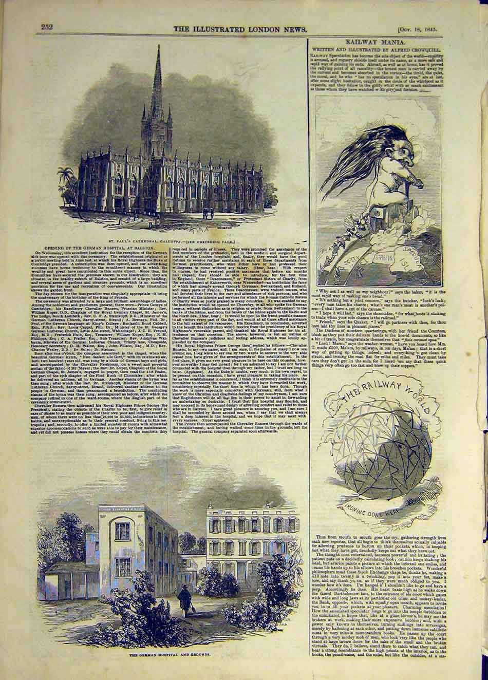 Original Old Antique Print 1845 Cathedral Calcutta Railway Mania German Hospital