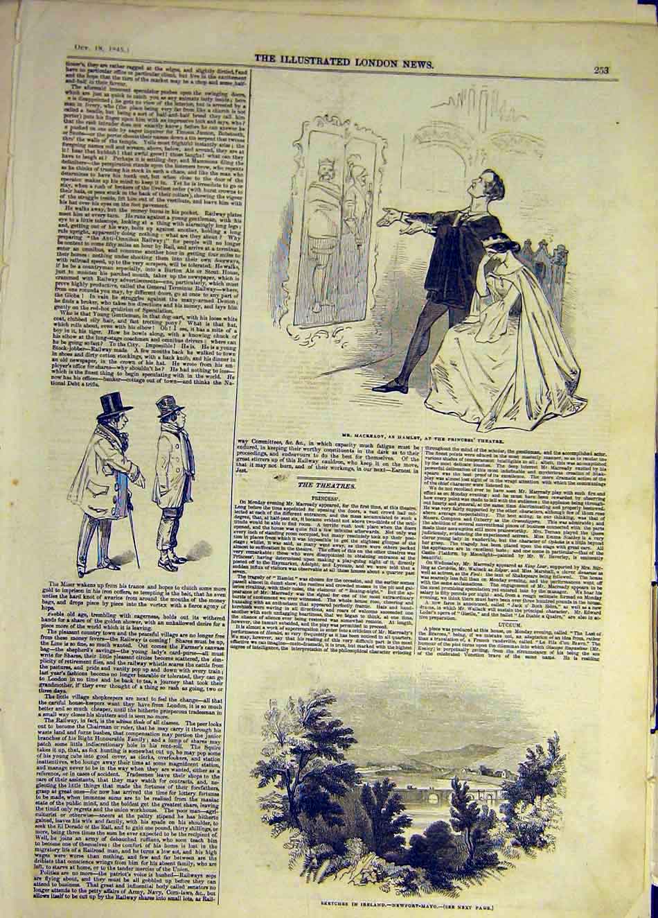 Original Old Antique Print 1845 Macready Hamlet Sketch Ireland Newport-Mayo 19th