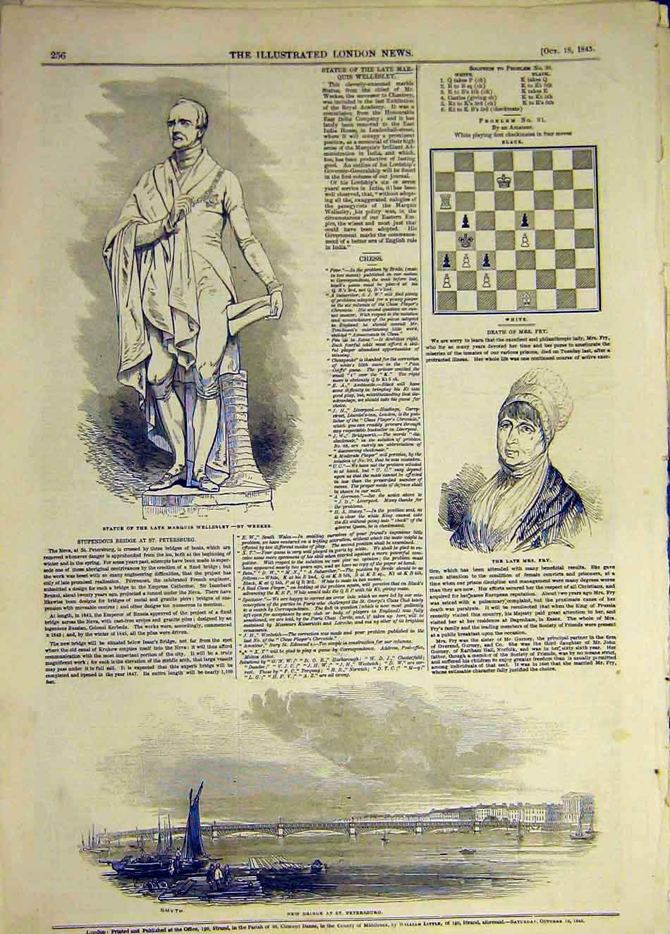 Original Old Antique Print 1845 Statue Wellesley Weekes Fry Bridge St Petersburg