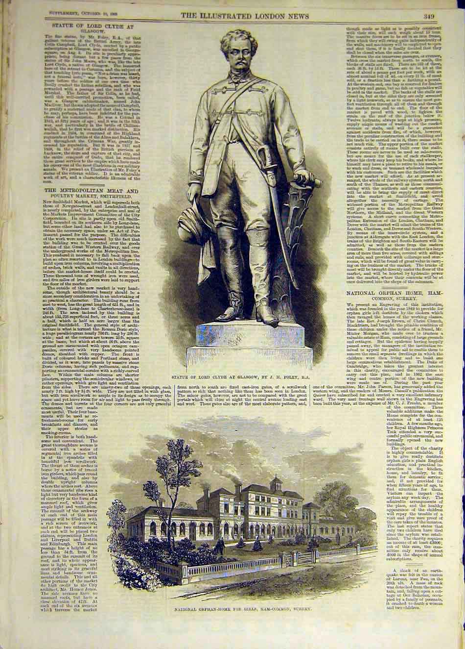 Original Old Antique Print 1868 Statue Clyde Glasgow Orphan-Home Girls Surrey