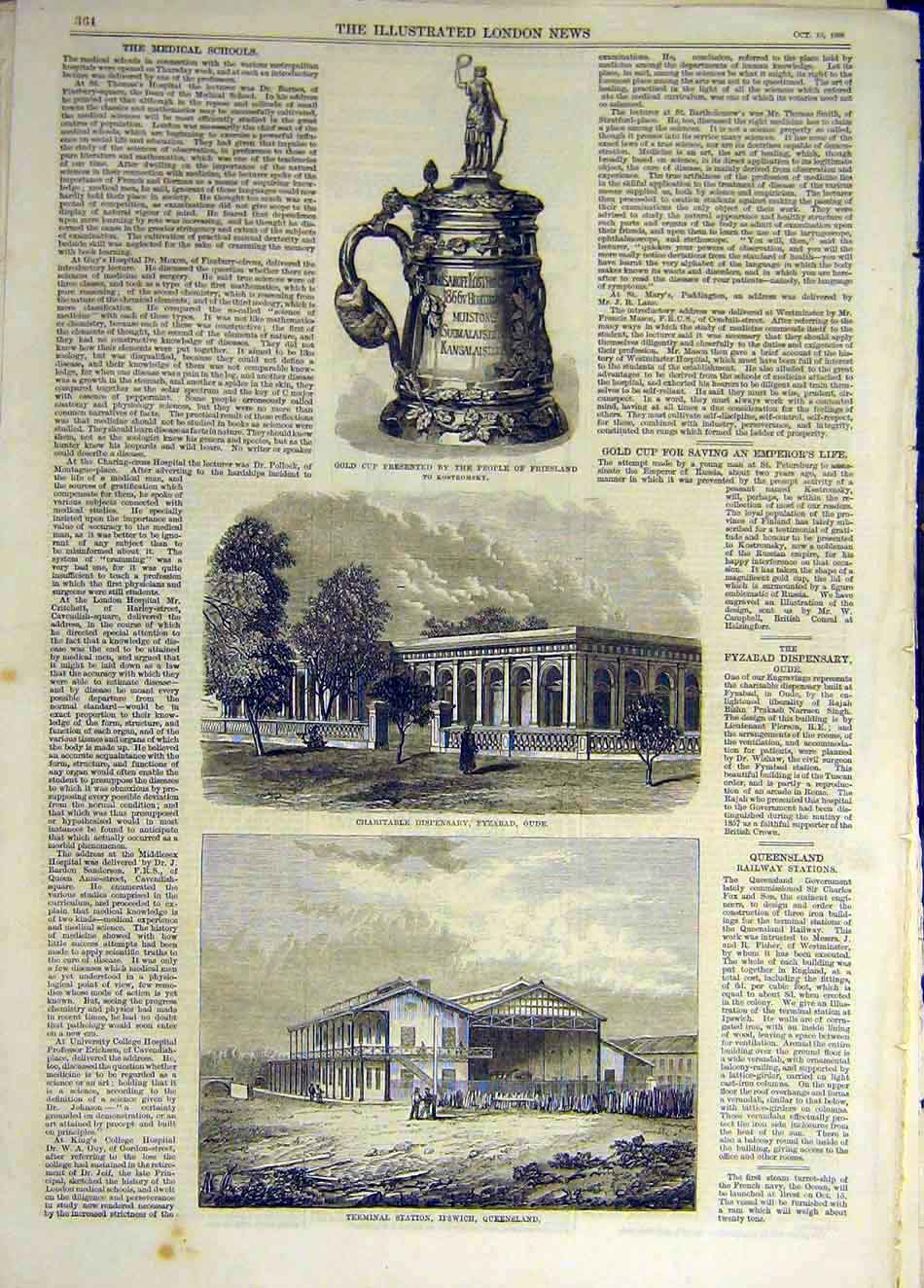 Original Old Antique Print 1868 G-Cup Friesland Dispensary Fyzabad Ipswich 19th