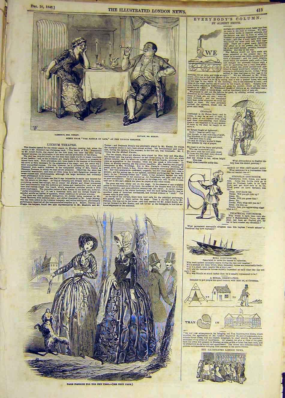 Original Old Antique Print 1846 Lyceum Theatre Scene Ladies Paris Fashions 19th