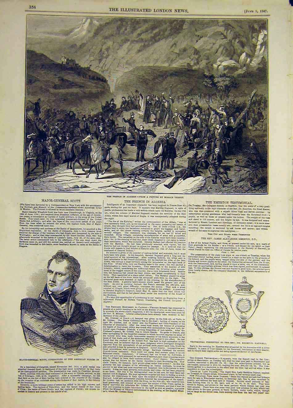 Original Old Antique Print 1847 French Algiers Vernet Scott Mexico Hanwell 19th