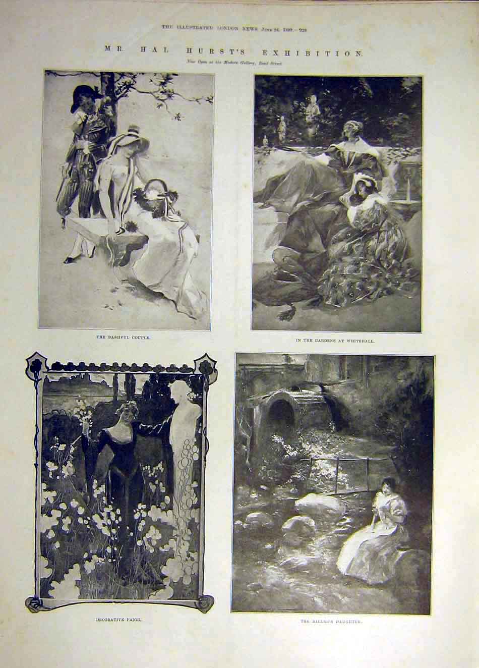 Original Old Antique Print 1899 Hurst Exhibition Bashful-Couple Garden Whitehall