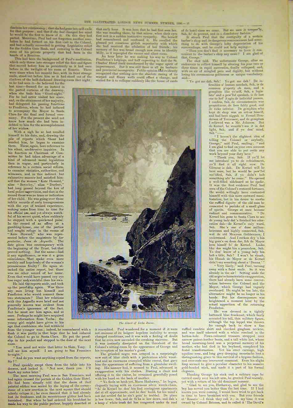 Original Old Antique Print 1890 Island Yerba Buena Montbard Sketch Victorian