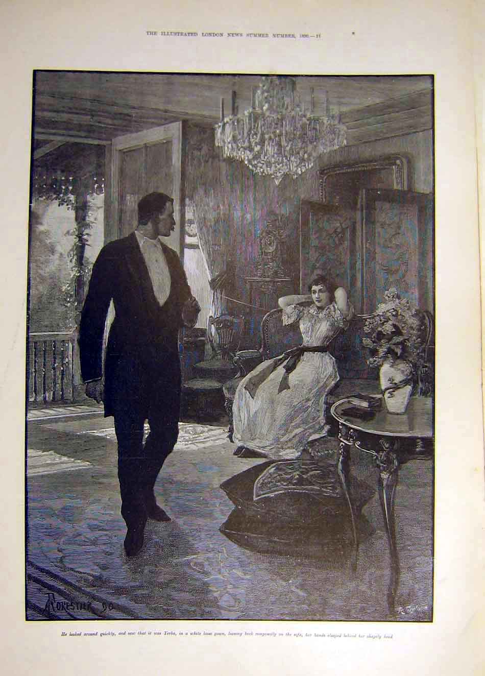 Original Old Antique Print 1890 Yerba Lady Man Sketch Forestier 19th