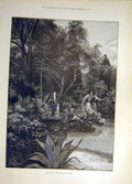 Original Old Antique Print 1890 Yerba Milly Garden Fountain Lady Man Victorian
