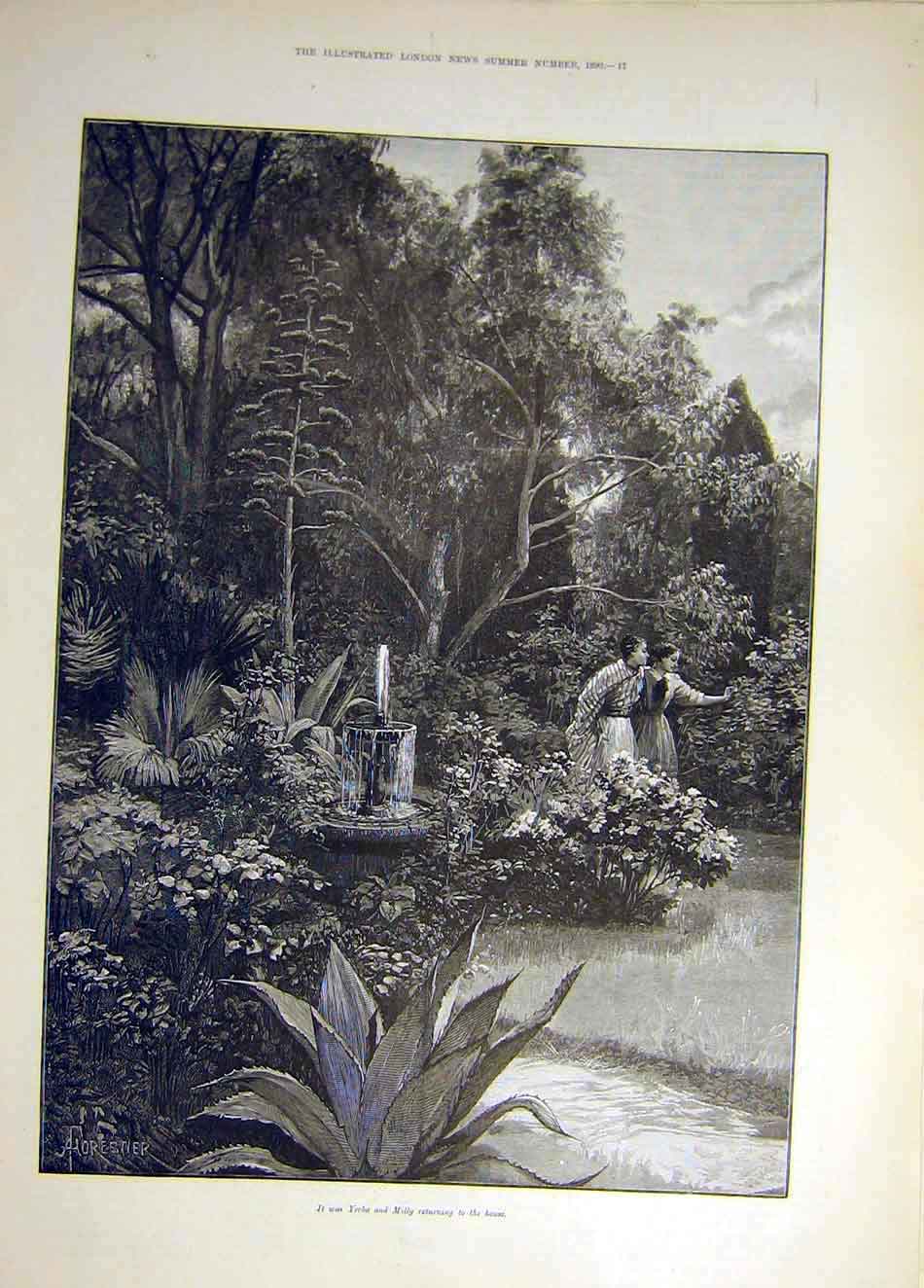 Original Old Antique Print 1890 Yerba Milly Garden Fountain Lady Man Victorian