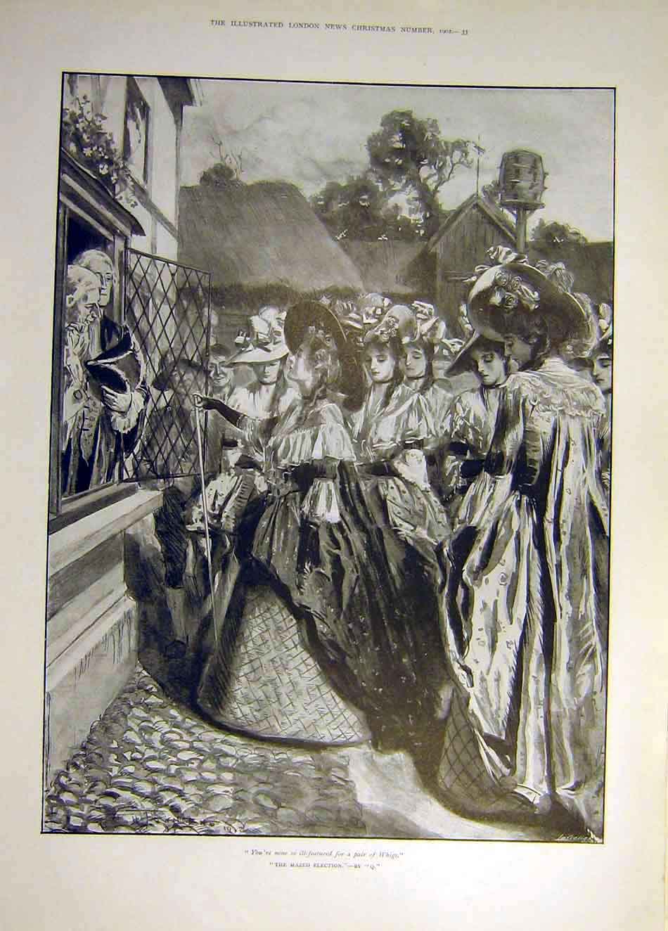 Old Antique Print 1902 Mazed Election Q Whigs Ill-Featured Ladies People 20th