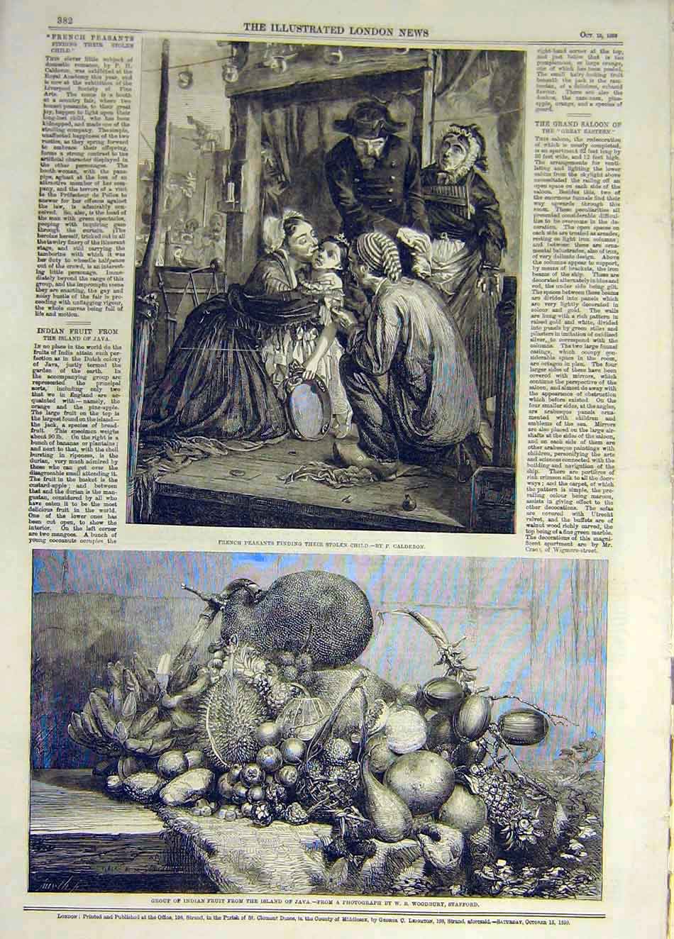 Original Old Antique Print 1859 French Peasants Child Calderon Indian Fruit Java