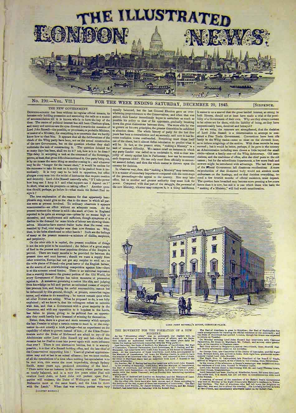 Original Old Antique Print 1845 Russell House Chesham Place Building Victorian
