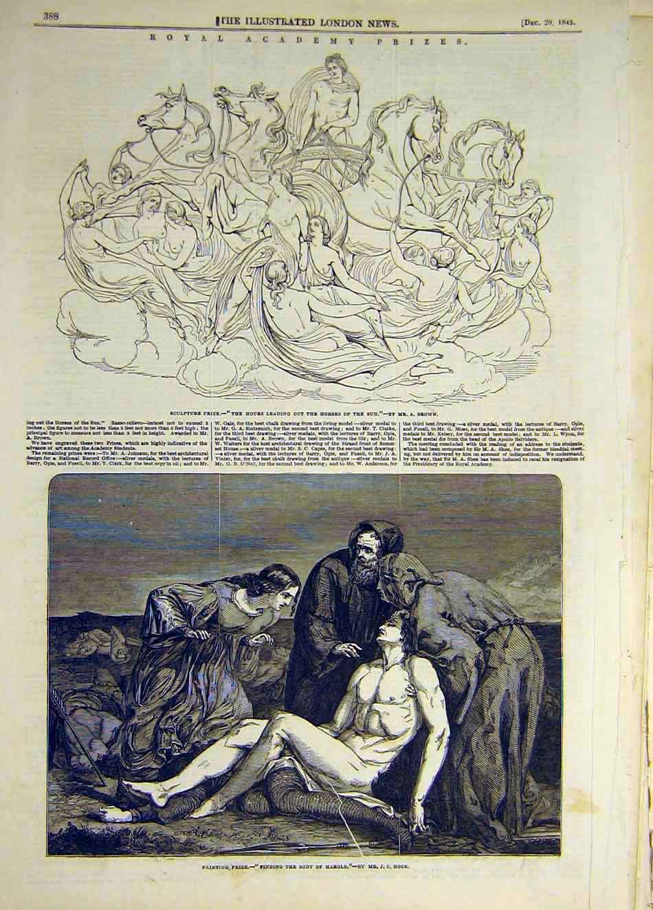 Original Old Antique Print 1845 Sculpture Prize Brown Horses Sun HarHook Art