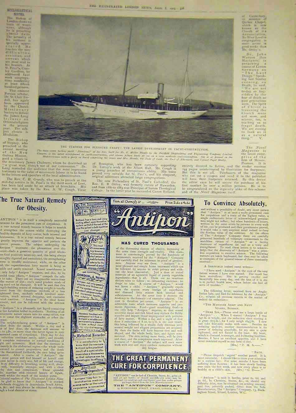 Original Old Antique Print 1905 Turbine Yacht Construction Pleasure Craft 20th
