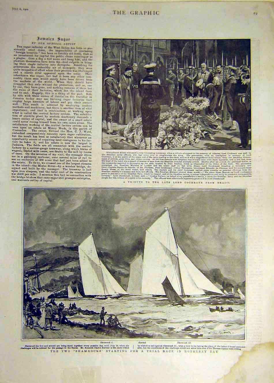 Original Old Antique Print 1901 Cochrane Tribute Shamrock Yacht Race Rothesay