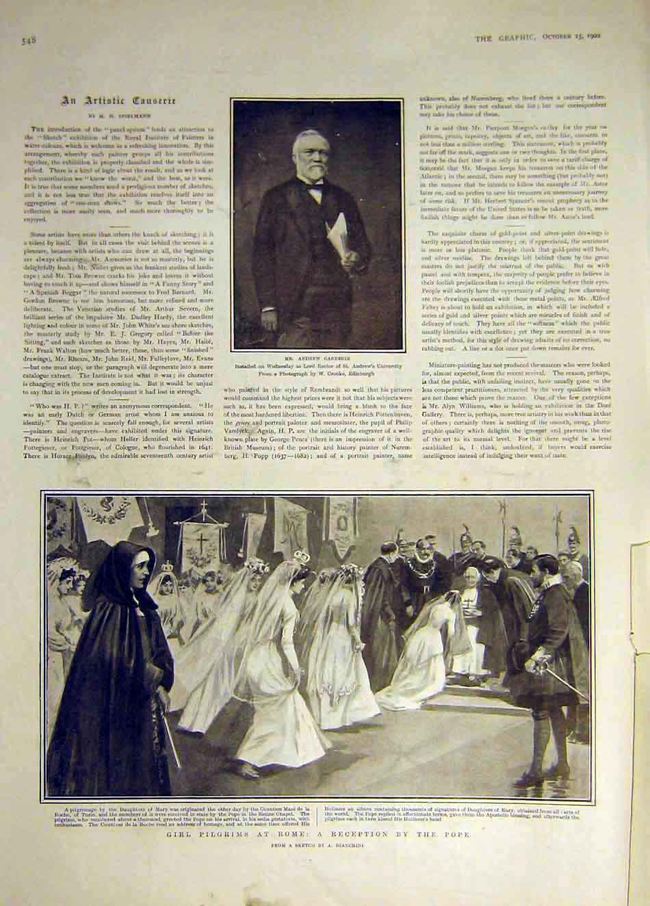 Original Old Antique Print 1902 Portrait Carnegie Girl Pilgrims Rome Pope Italy