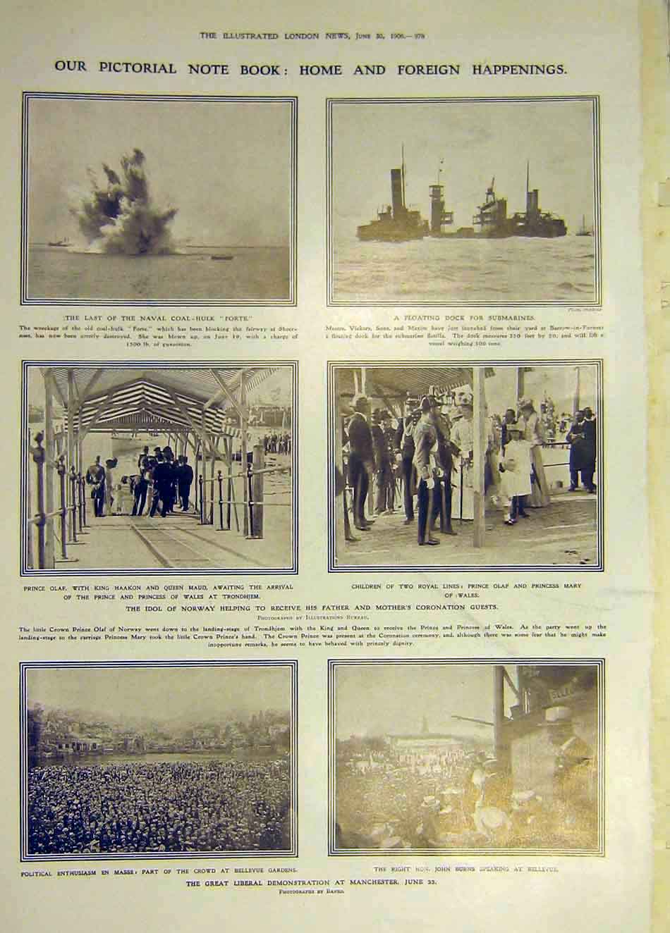 Original Old Antique Print 1906 Coal-Hulk Forte Haakon Norway Manchester Liberal