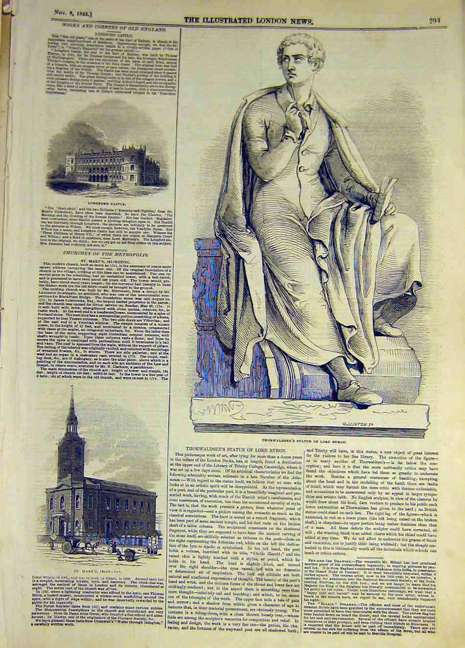 Old Antique Print 1845 Statue Byron Thorwaldsen Church Islington Longford 19th
