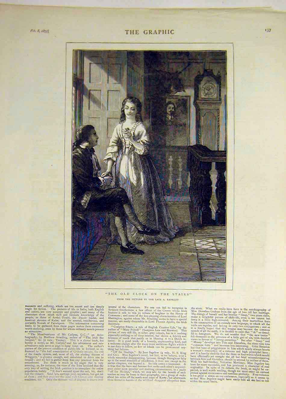 Original Old Antique Print 1873 -Clock Stairs Rankley Lady Man Fine Art 19th