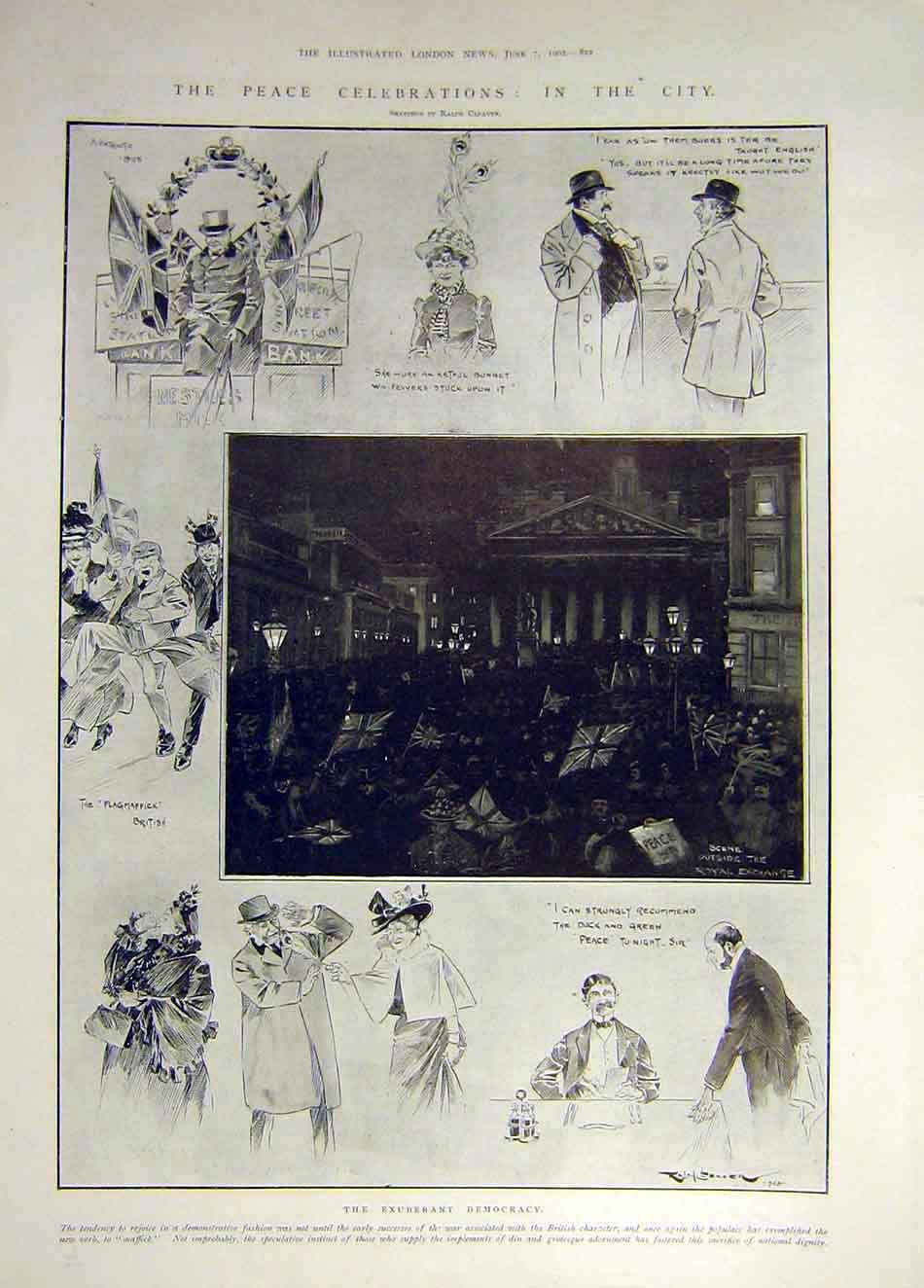 Original Old Antique Print 1902 Peace Celebrations City Cleaver Democracy 20th