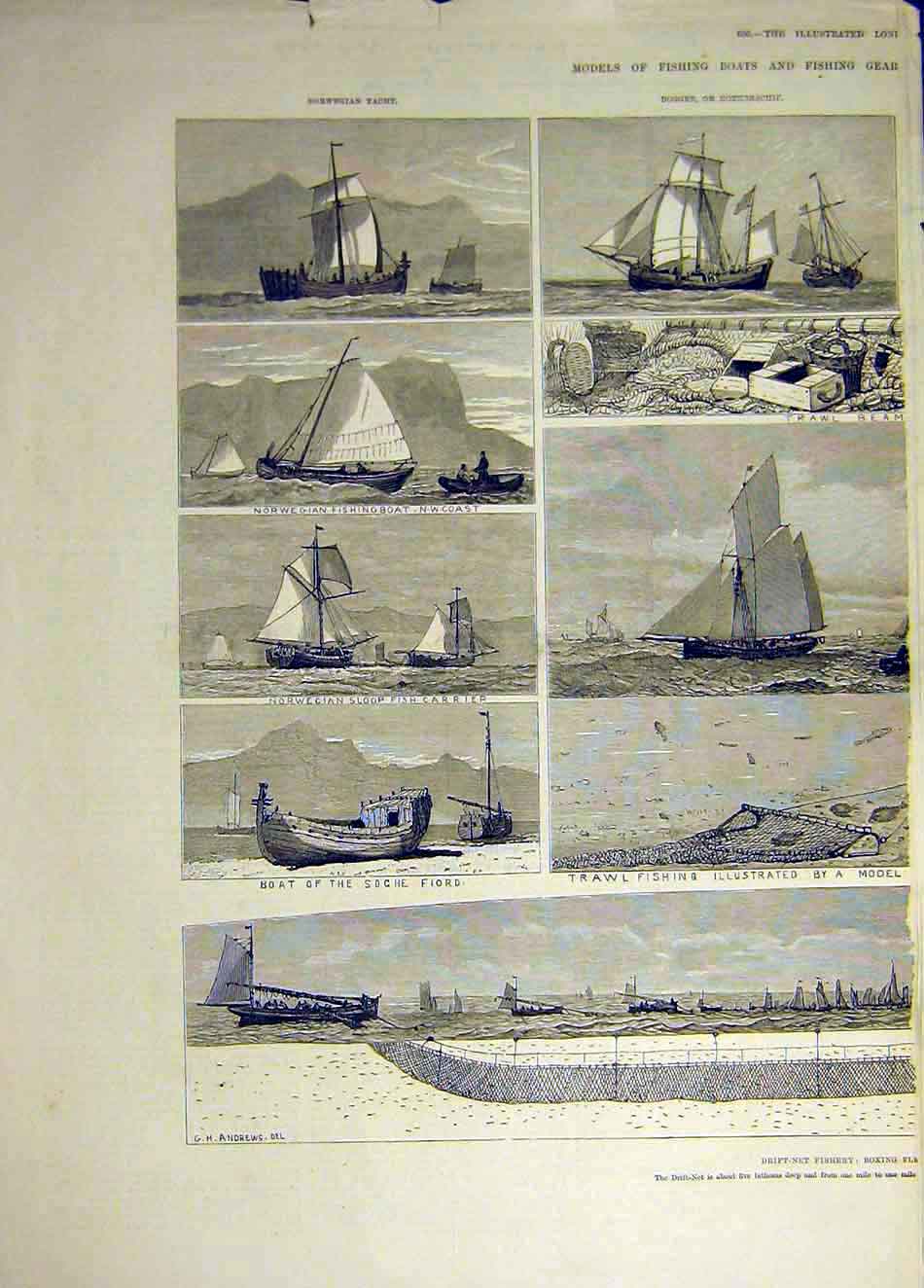 Old Antique Print 1883 Drift-Net Fishery Boats Fishing Trawler Norwegian 19th