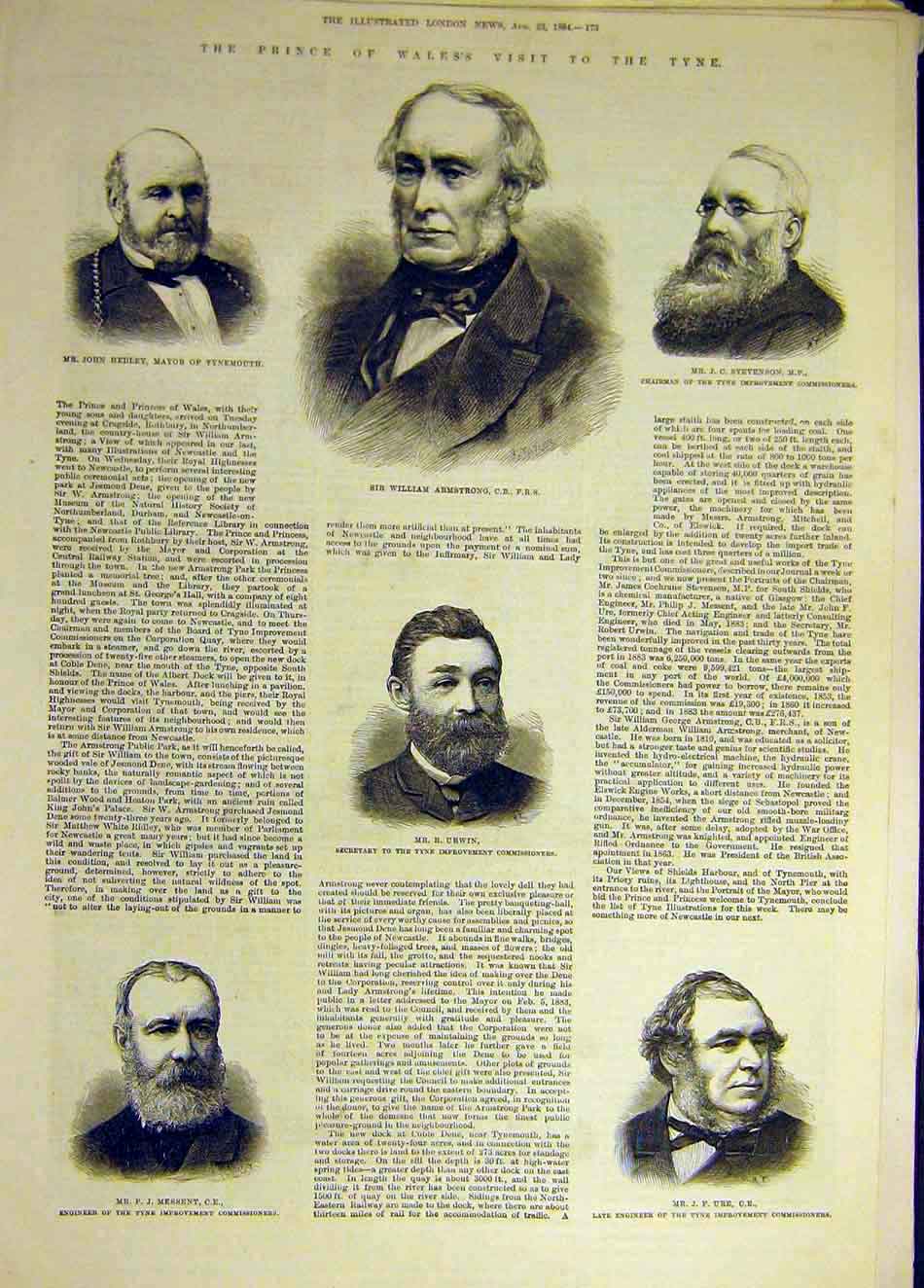 Old Antique Print 1884 Tyne Ure Hedley Stevneson Armstrong Urwin Messent 19th