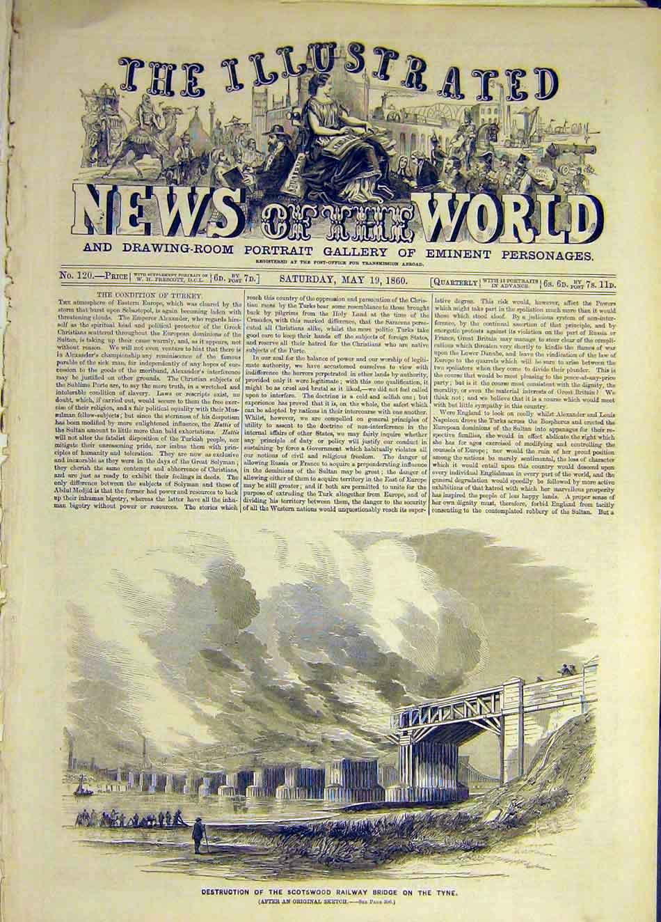 Original Old Antique Print 1860 Scotswood Railway Bridge Tyne Fire Victorian