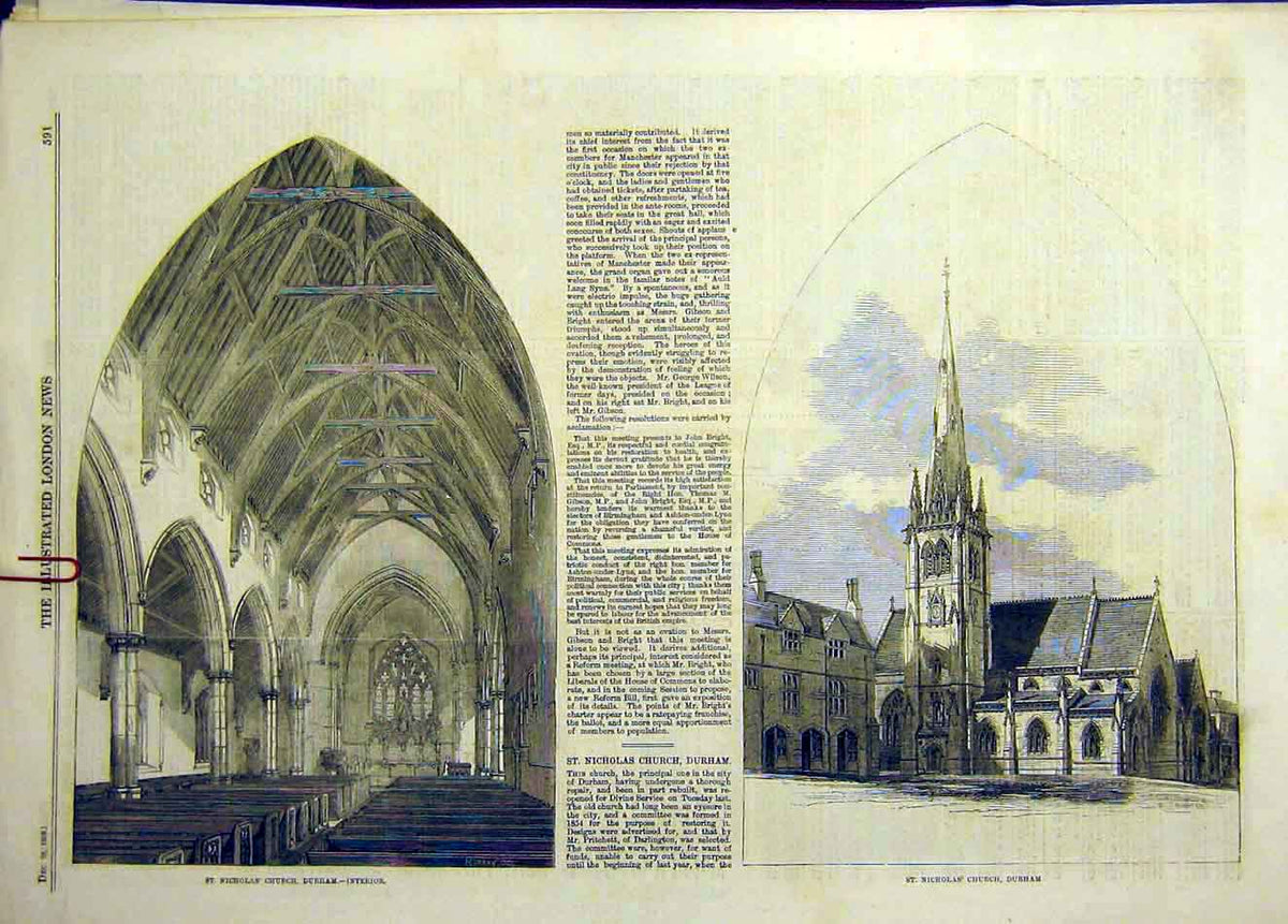 Original Old Antique Print 1858 St Nicholas Church Durham Building Victorian