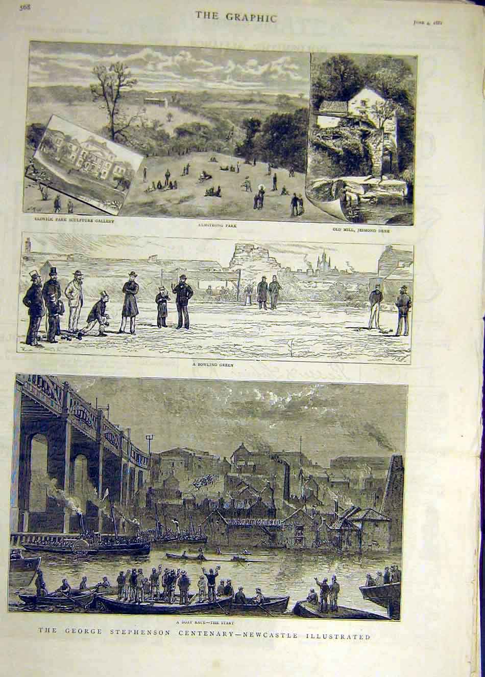 Old Antique Print 1881 Newcastle Stephenson Bowling Jesmond Dene Elswick 19th