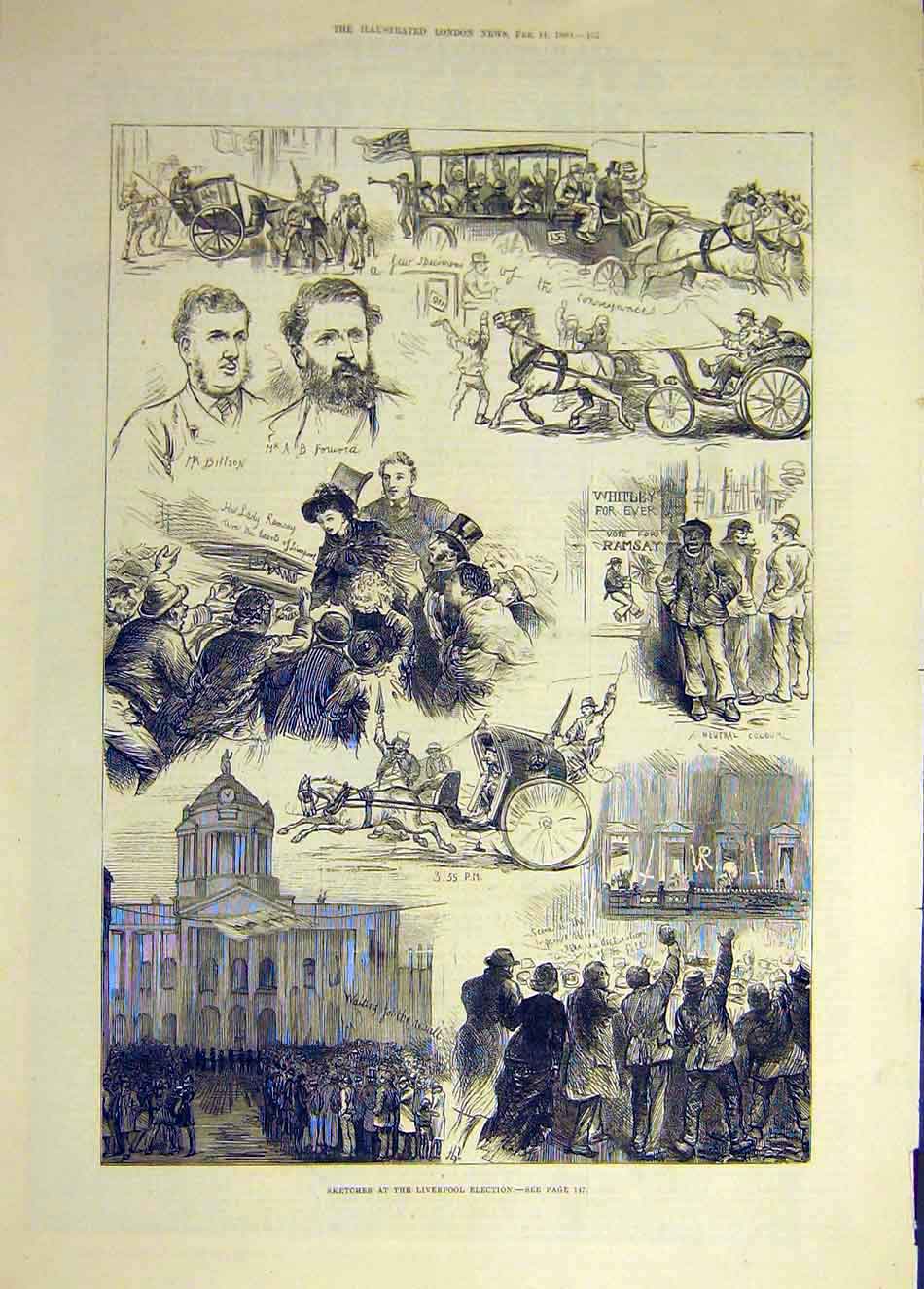 Original Old Antique Print 1880 Liverpool Election Sketches People Victorian