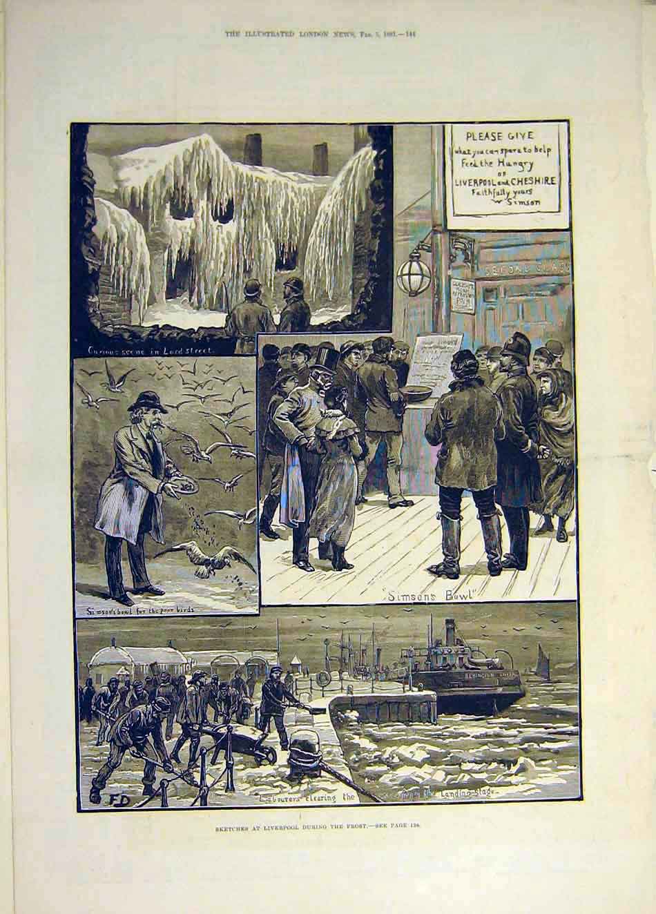 Old Antique Print 1881 Sketches Liverpool Frost Lord-Street Simson'S Bowl 19th
