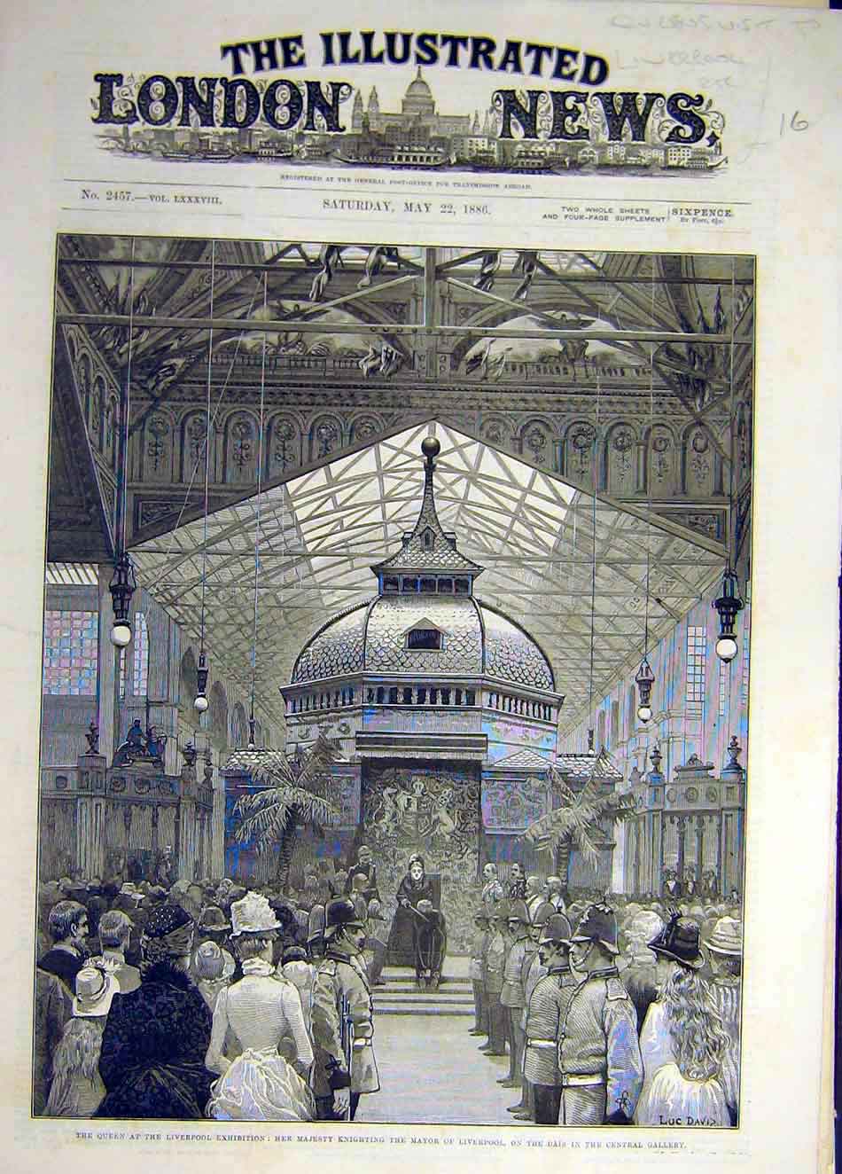 Original Old Antique Print 1886 Liverpool Exhbitiion Mayor Queen Dais Gallery