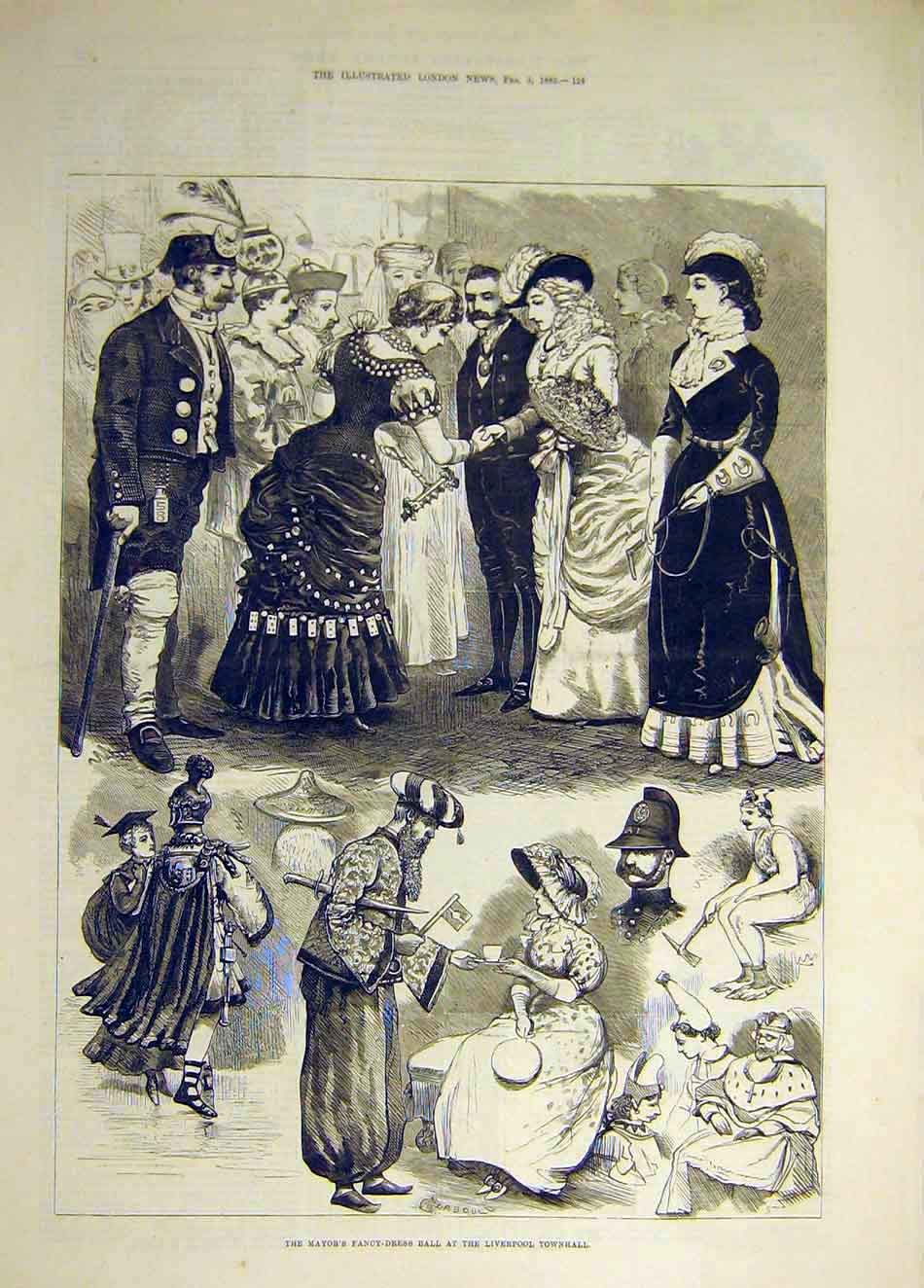 Original Old Antique Print 1883 Liverpool Mayor Fancy Dress Ball Townhall 19th
