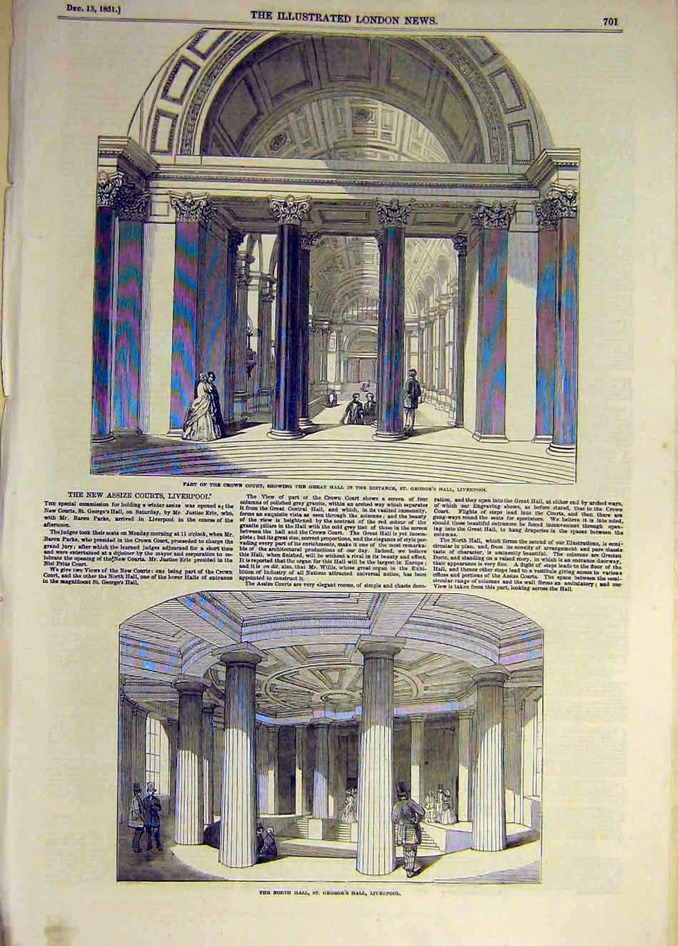 Original Old Antique Print 1851 Liverpool Crown Court Building St George'S Hall