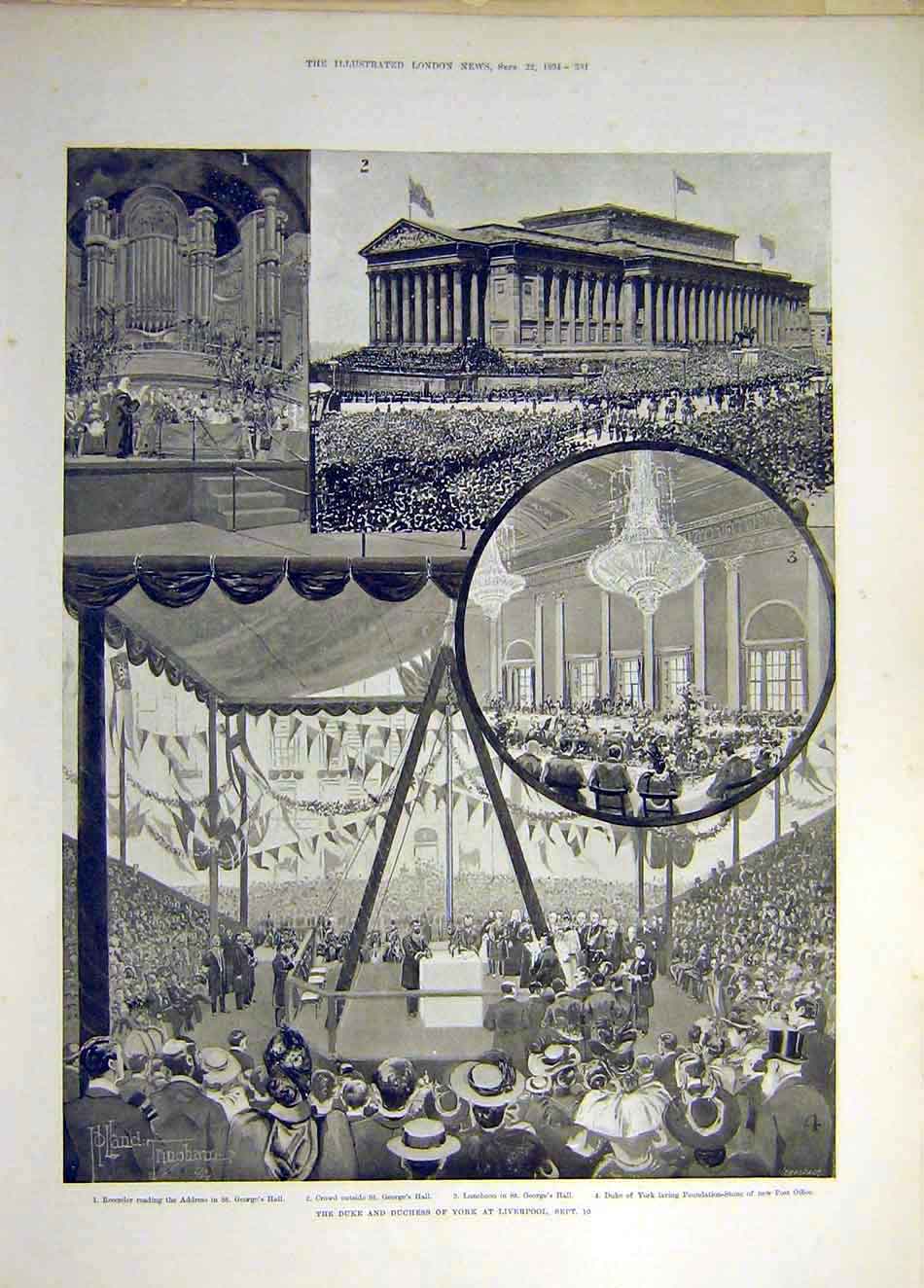 Original Old Antique Print 1894 Duke Duchess York Liverpool St George'S Hall