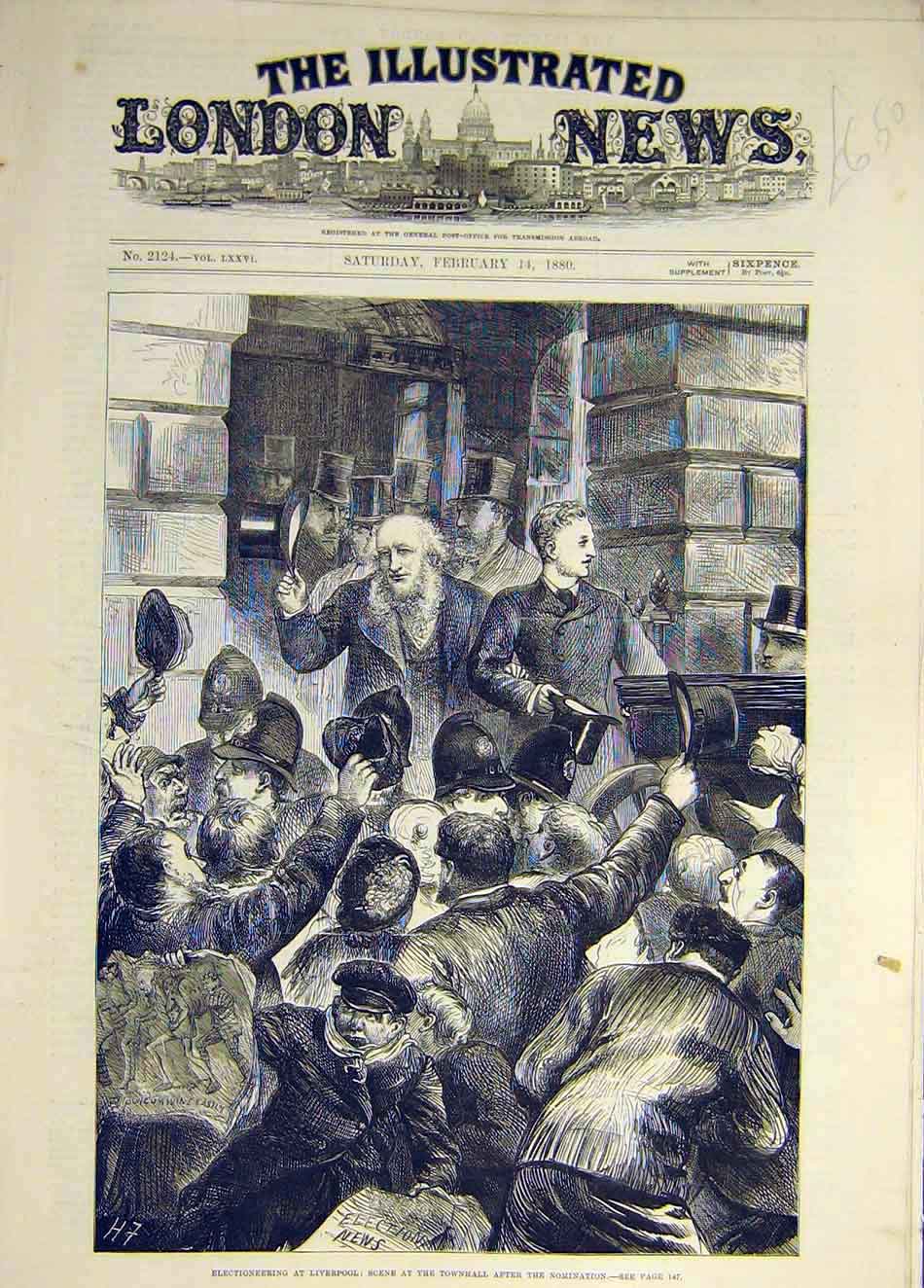 Original Old Antique Print 1880 Elections Liverpool Townhall Nomination Scene