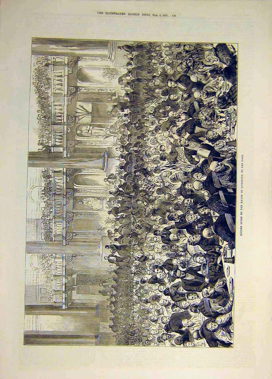 Original Old Antique Print 1877 Dinner Lord Mayor Liverpool Poor People 19th