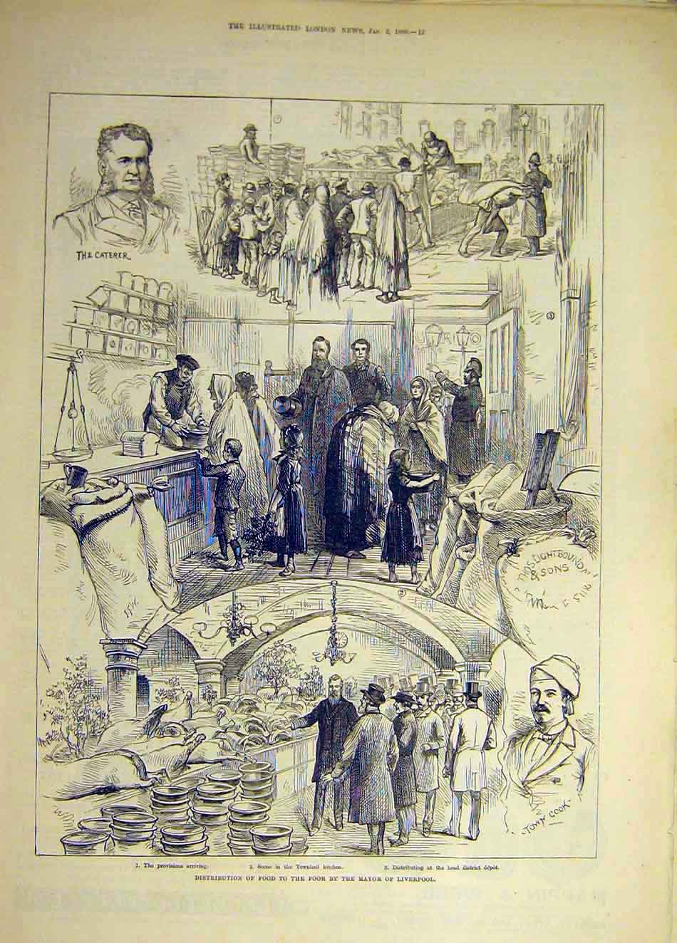 Original Old Antique Print 1886 Food Distribution Poor People Mayor Liverpool