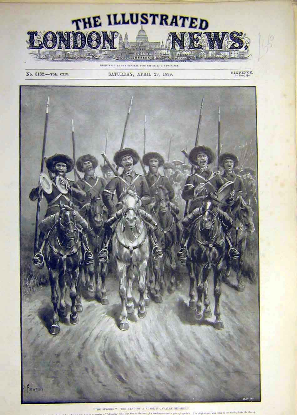 Original Old Antique Print 1899 Singers Band Russian Cavalry Regiment Tambourine