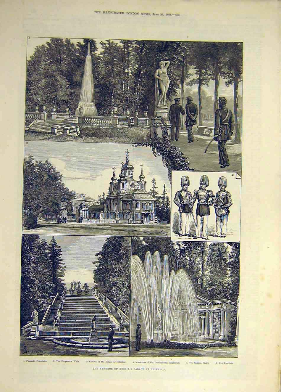 Original Old Antique Print 1883 PpeterhEmperor Russia Palace Fountain Victorian