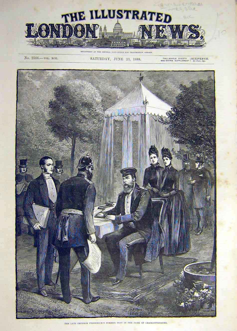 Old Antique Print 1888 Emperor Frederick Summer Tent Charlottenburg Park 19th