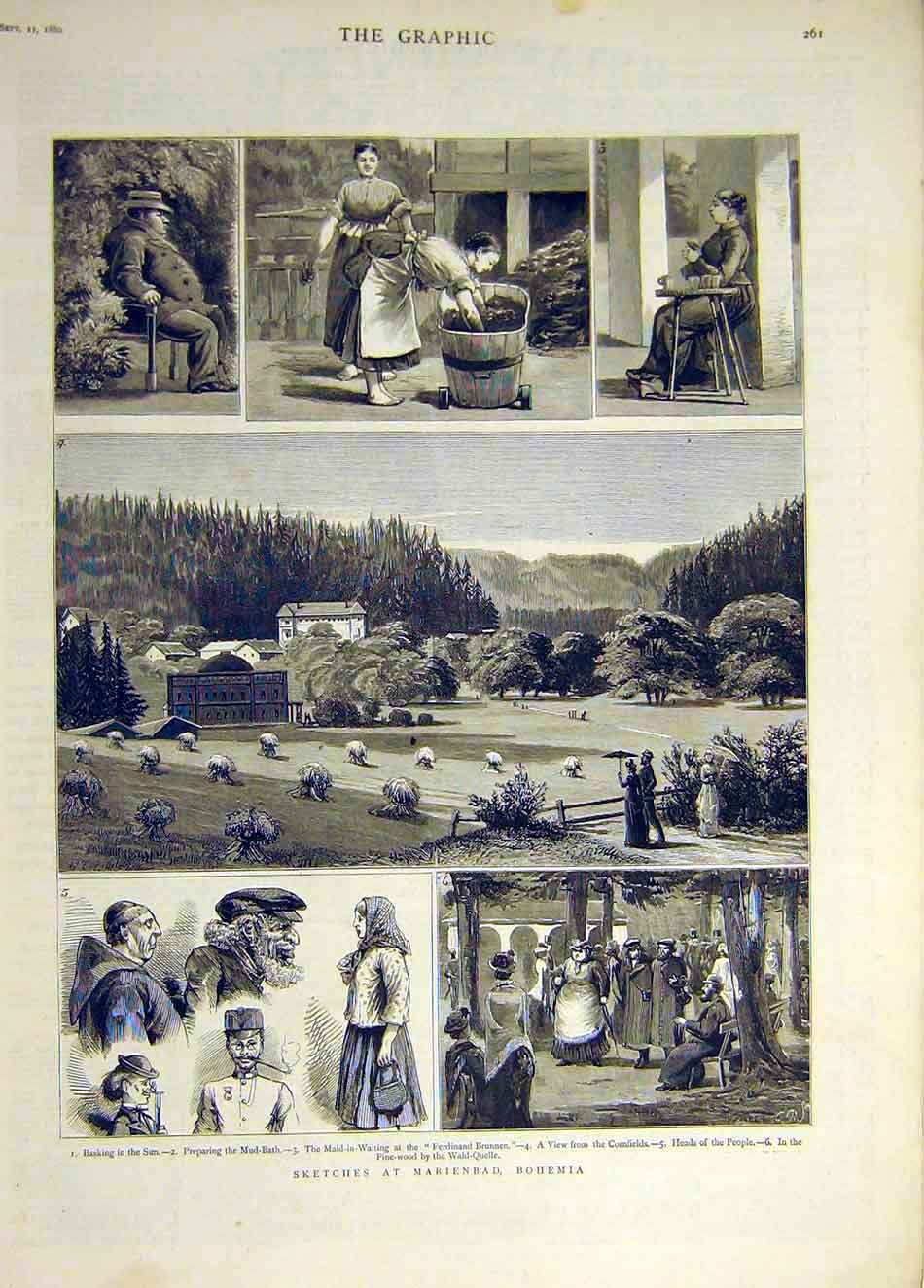 Original Old Antique Print 1880 Sketches Marienbad Bohemia Mud-Bath People 19th