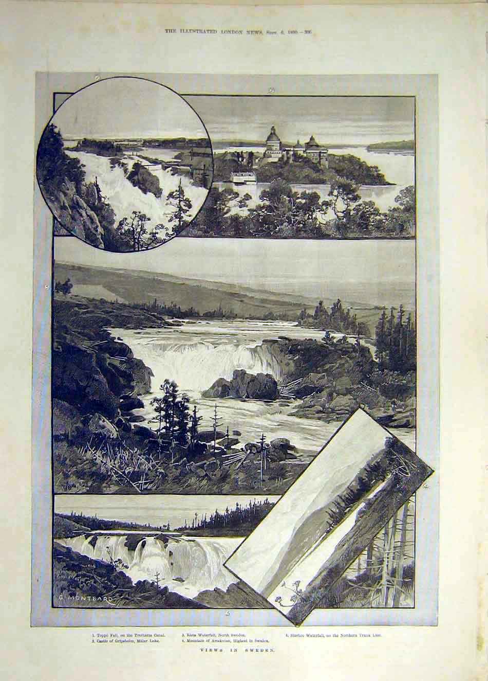 Original Old Antique Print 1890 Views Sweden Trolhatta Canal Malar Rista Storbro