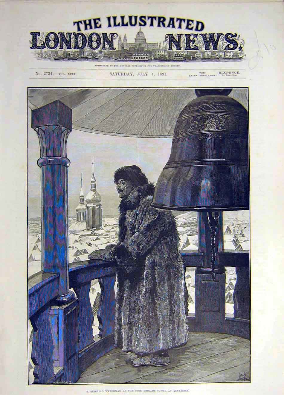 Original Old Antique Print 1891 Siberian Watchman Fire Brigade Tower Yeneseisk