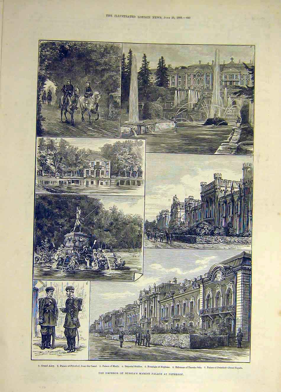 Original Old Antique Print 1883 PeterhMarine Palace Emperor Russia Building 19th