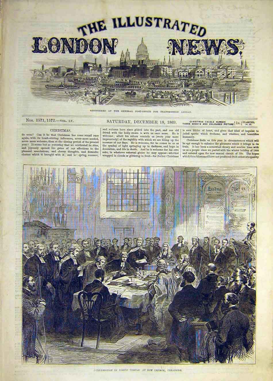 Original Old Antique Print 1869 Confirmation Bishop TemPle Bow Church Cheapside