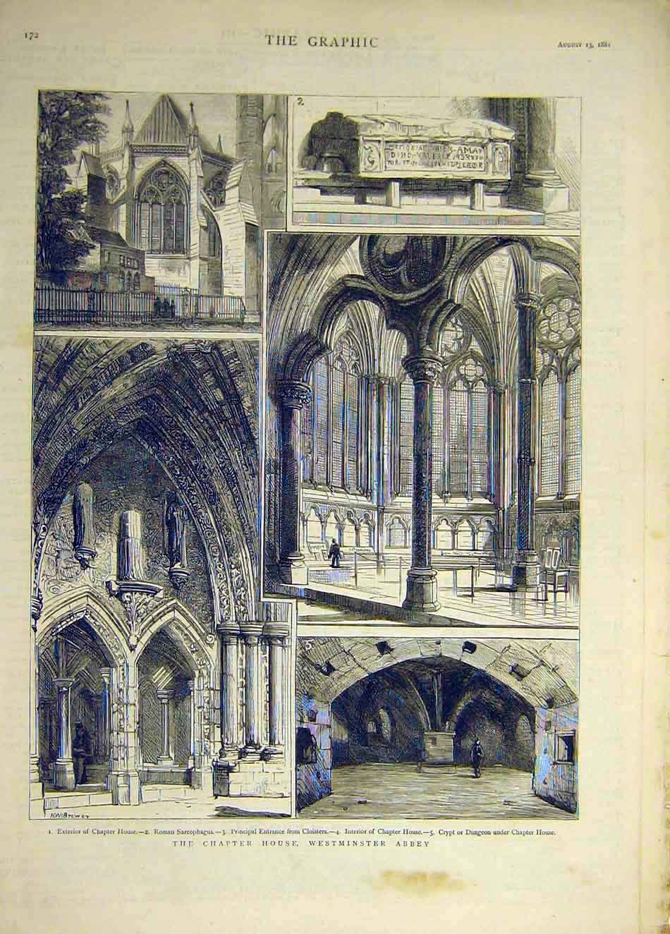 Original Old Antique Print 1881 Chapter House Westminster Abbey Building London