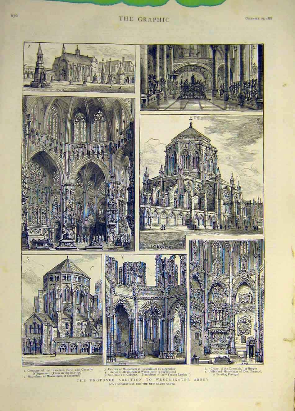 Original Old Antique Print 1888 Westminster Abbey Building Proposed Campo Santo