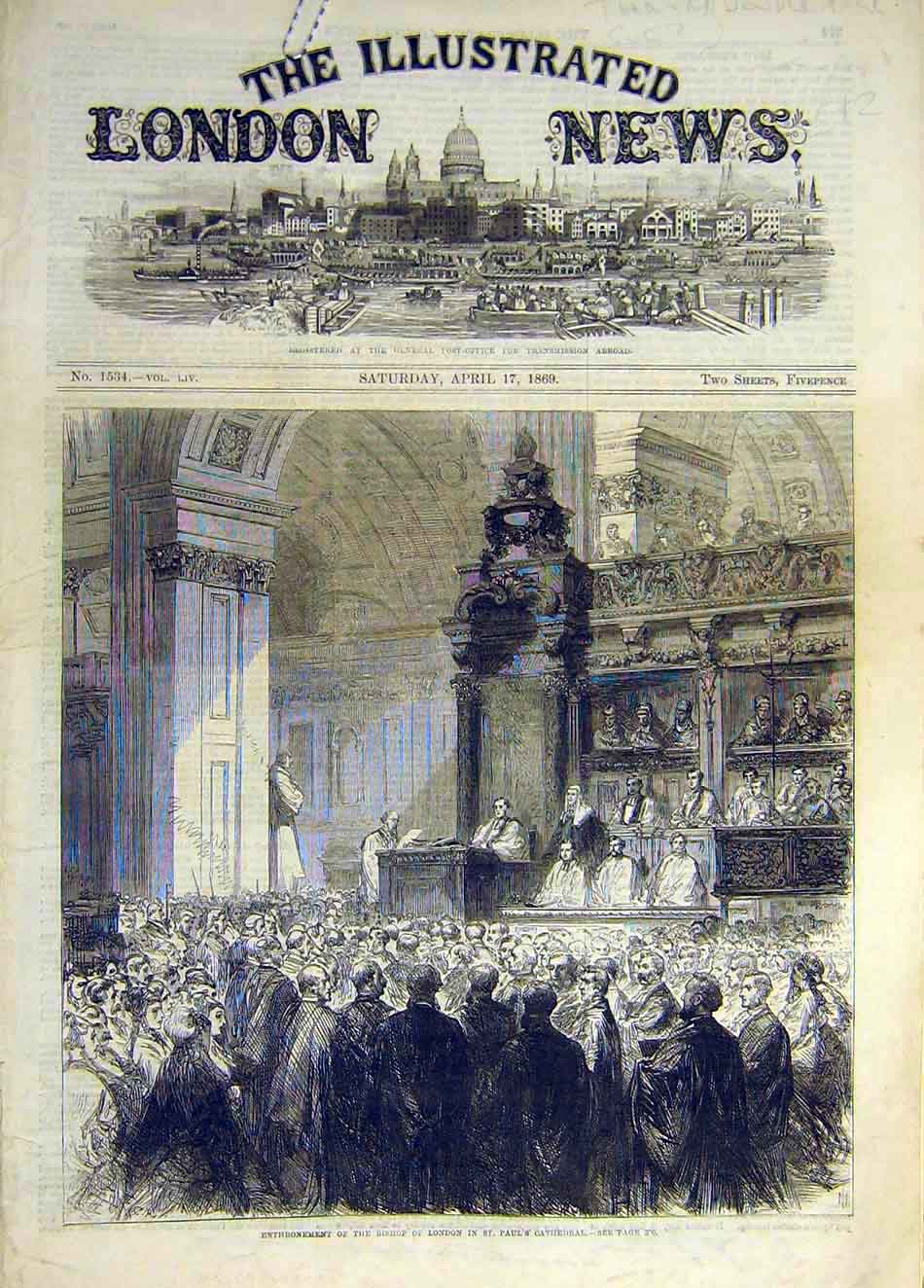 Original Old Antique Print 1869 Enthronement Bishop London St Paul'S Cathedral